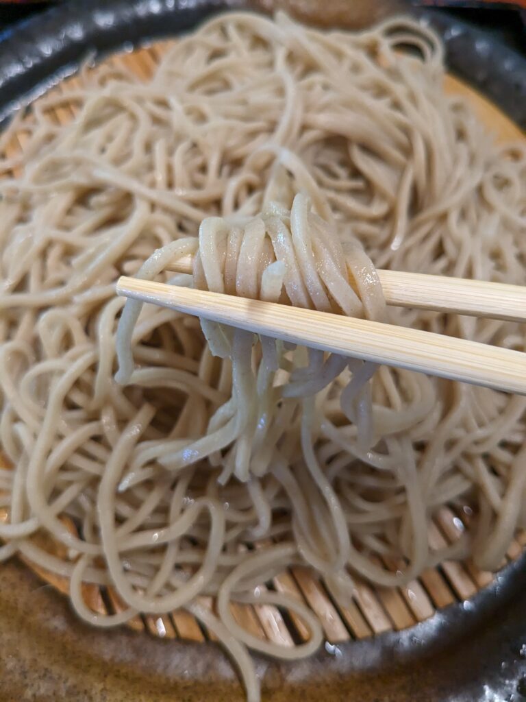 箸で持ち上げた手打ちそば。つややかな麺が特徴的