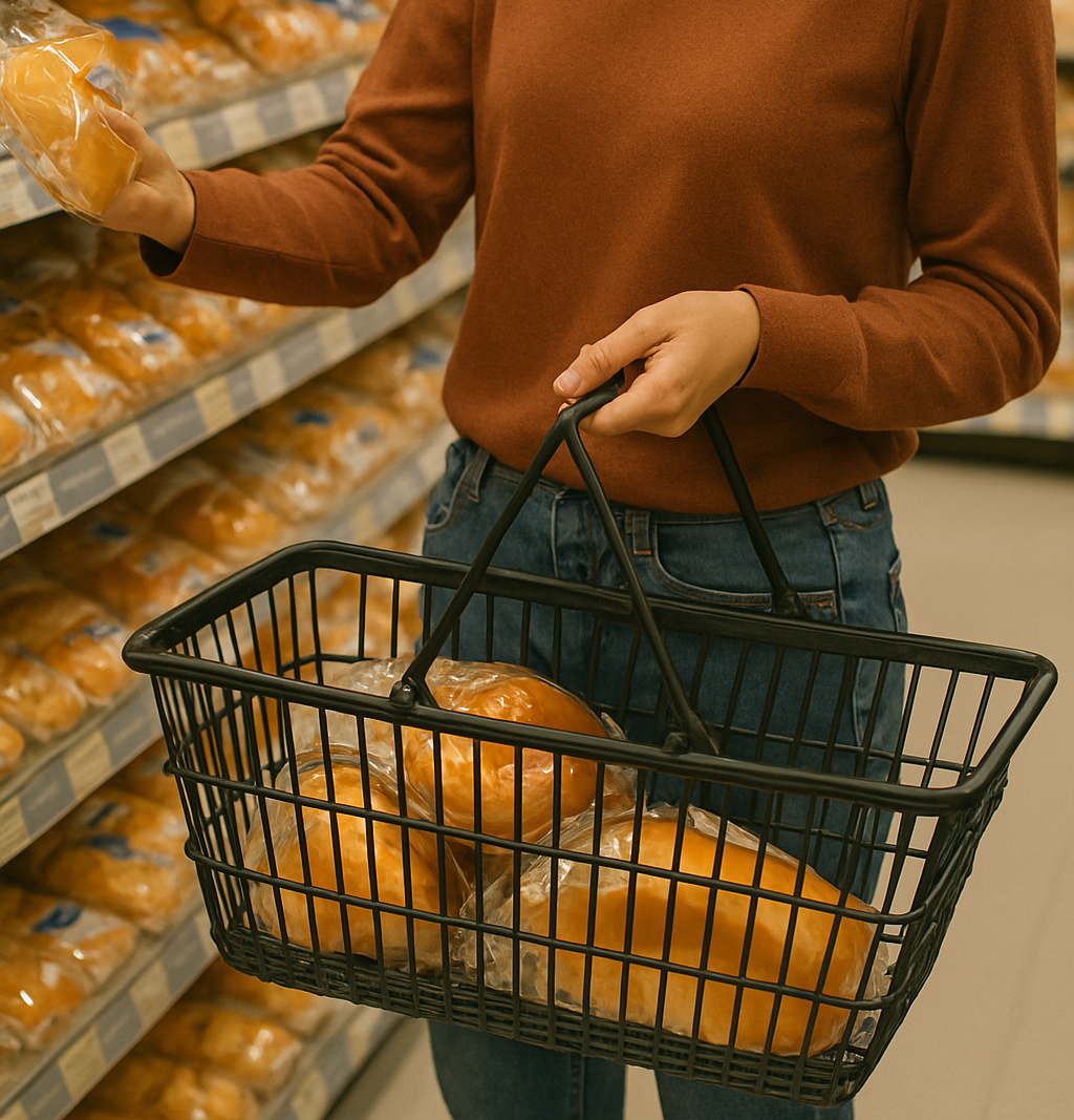 スーパーの陳列棚から、市販のパンを手に取って買い物かごに入れる様子