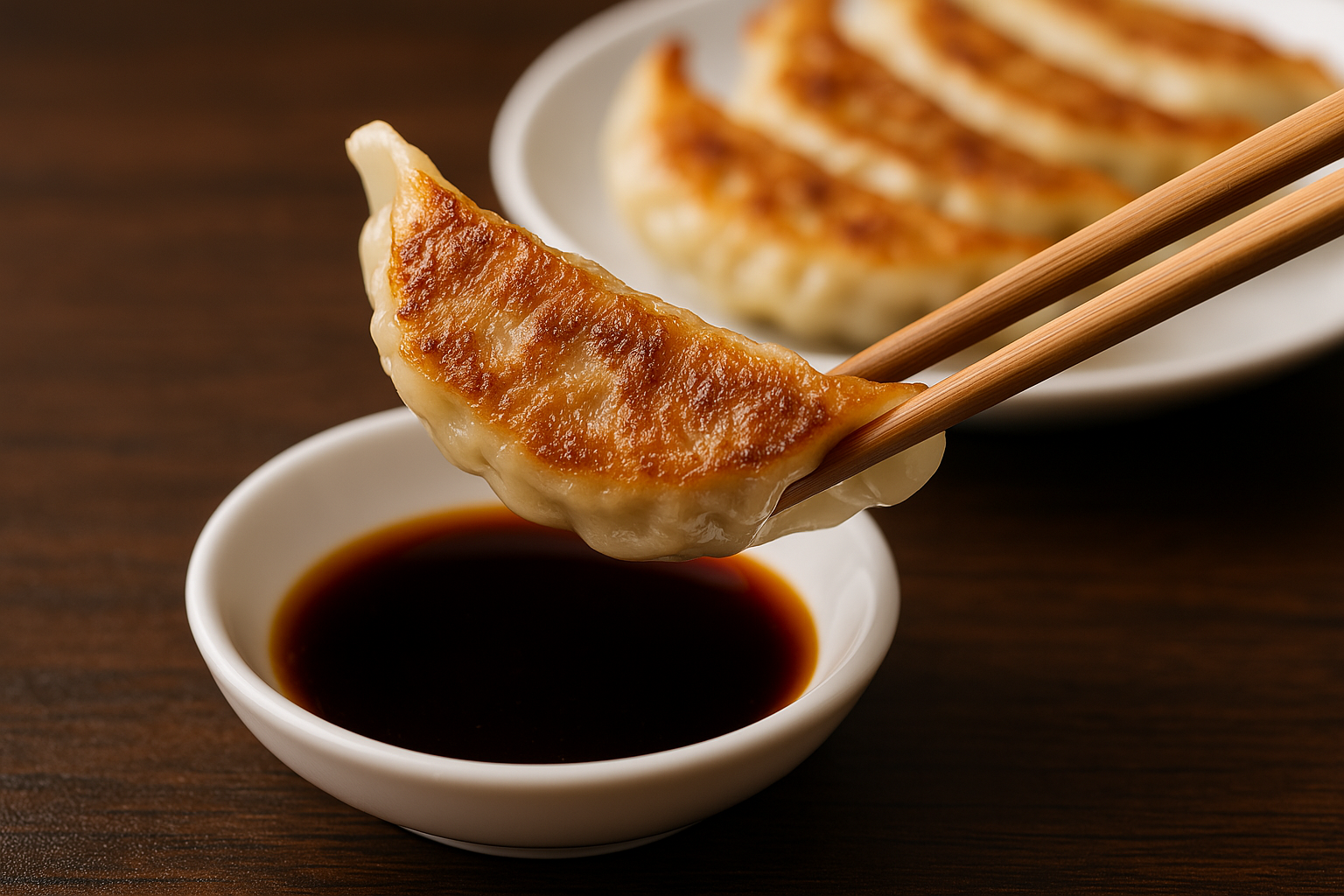 餃子を箸で掴み、酢醤油につける様子